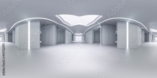 360 spherical panorama view of futuristic white hall 3d render illustration vr hdri style