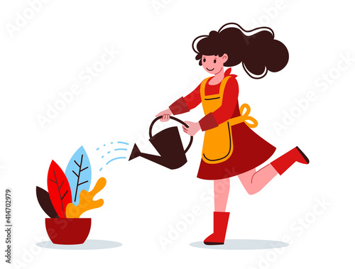 Vector illustration of beautiful woman with watering can and flower