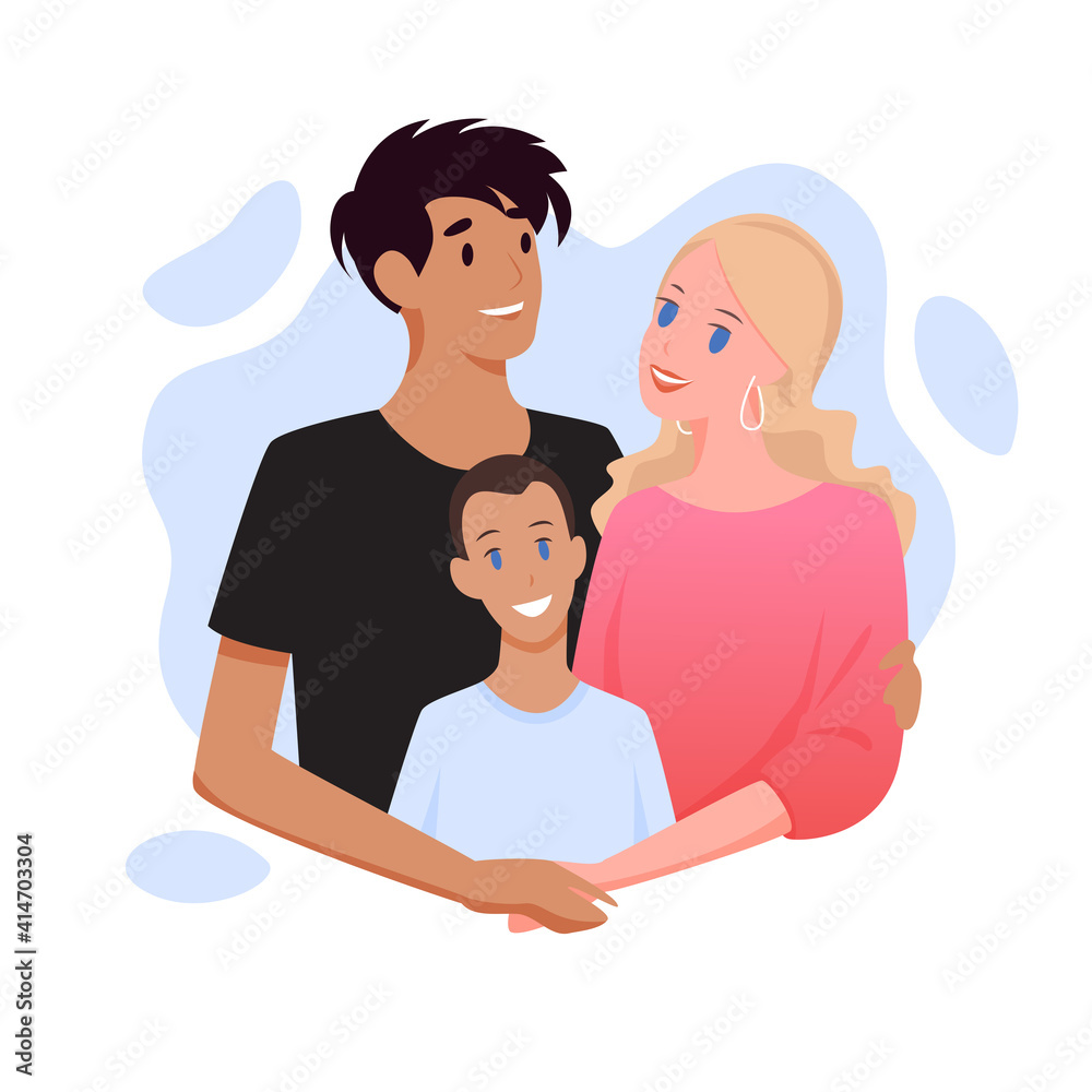 Family with different nationality people, happy parent characters hug boy son with love Family with different nationality people, happy parent characters hug boy son with love