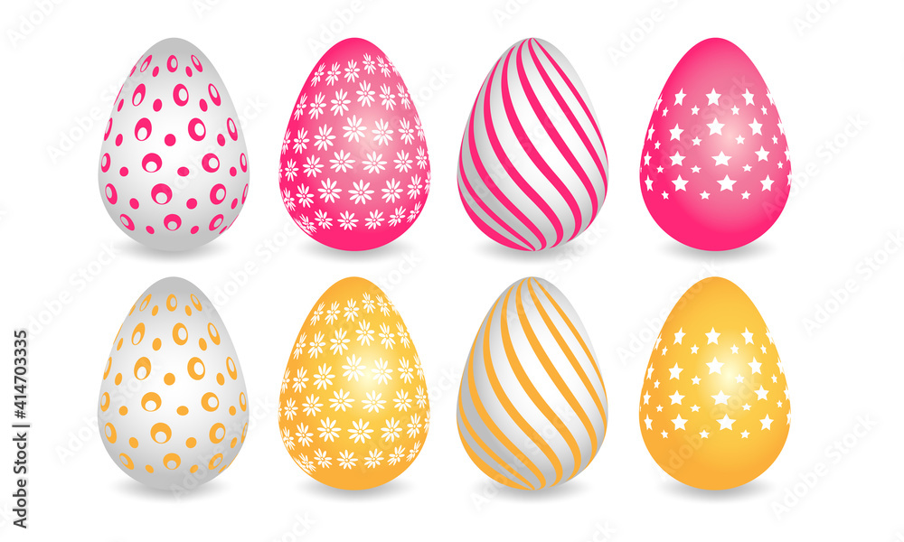 Happy easter. Set of pink and yellow patterns for Easter eggs on a white background. Vector illustration Happy easter. Set of pink and yellow patterns for Easter eggs on a white background. Vector illustration