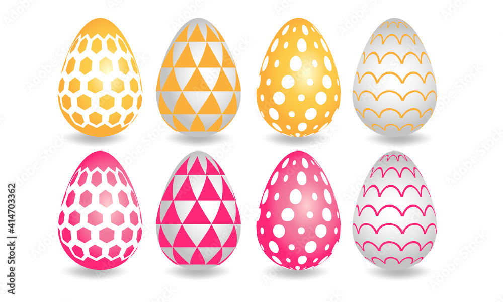 Happy easter. Set of pink and yellow patterns for Easter eggs on a white background. Vector illustration Happy easter. Set of pink and yellow patterns for Easter eggs on a white background. Vector illustration