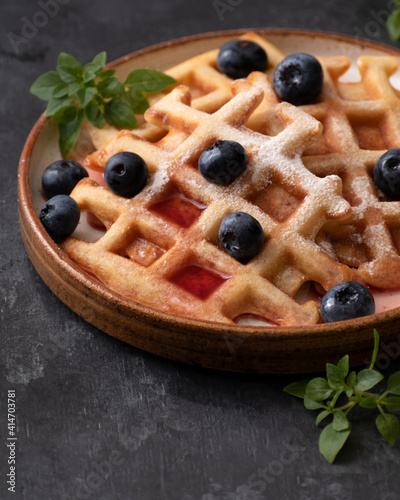 Waffles with syrup and blueberries in a ceramic plate on a dark background. Close-up, side view