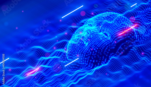 Abstract face of artificial intelligence consists glows dots or particles. Technology background. Robot head mind in cyberspace. AI or neural network analyzes the data flow. 3d glowing wavy surface