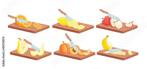 Fruit slices food with knife isometric set, ripe juicy sliced fruits on wooden board