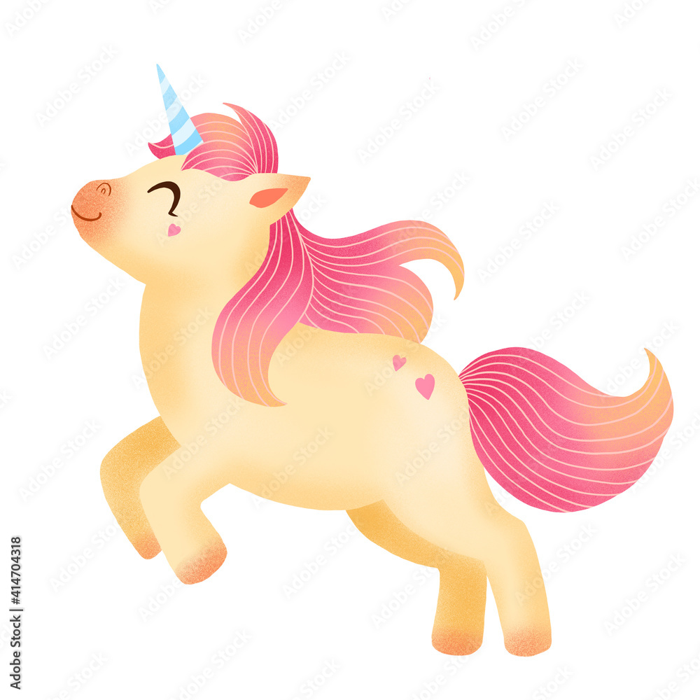 Cute Unicorn illustration isolated on white. Childish cartoon character with funny pony with magical horn.