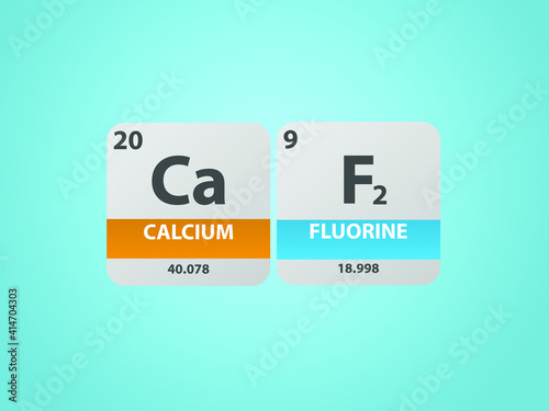 Calcium fluoride caf2 molecule. Simple molecular formula consisting of Calcium, Fluorine ,  elements. Chemical compound simplified structure on blue background, for chemistry education 
