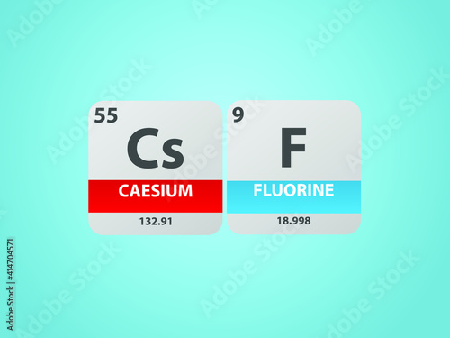 Cesium fluoride csf molecule. Simple molecular formula consisting of Cesium, Fluorine ,  elements. Chemical compound simplified structure on blue background, for chemistry education 
