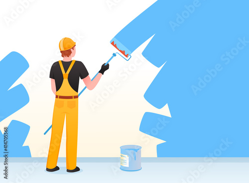 Painter decorator repairman people at work, holding paintbrush roller, painting wall