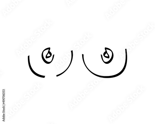 Beautiful female breasts. Funny print on the shirt. Contour draw. Vector illustration. Minimalist logo icon for design.