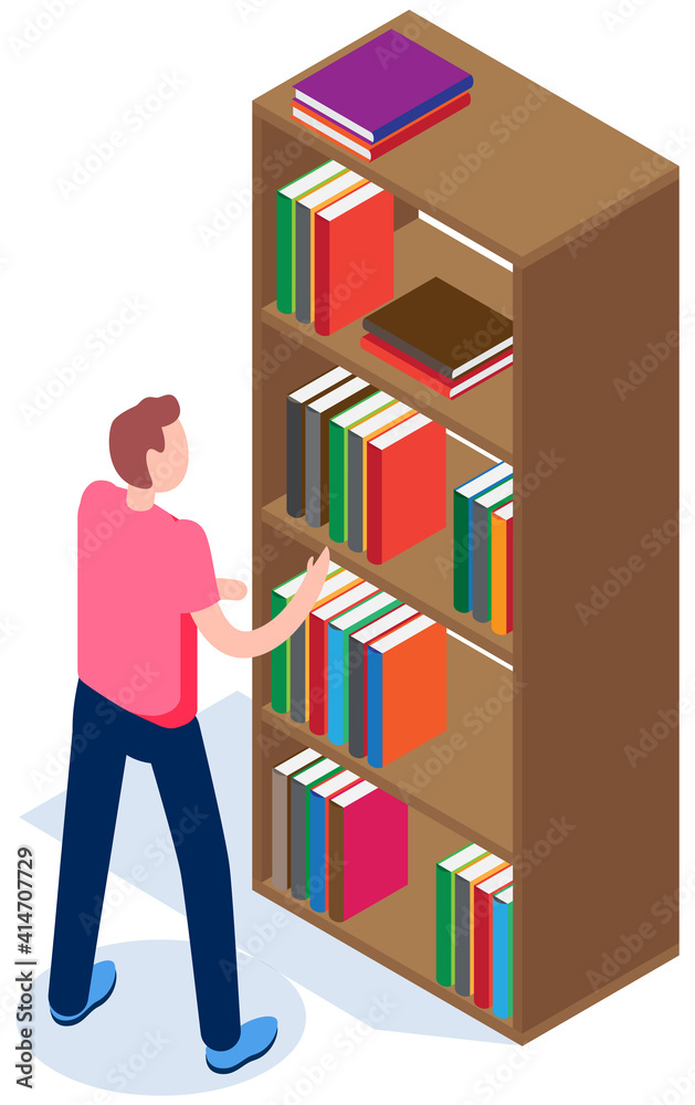 Student in library vector illustration. Guy pulls out book from bookshelf. Man chooses magazine. Bookcase isolated on white background. Male character takes book for reading vector illustration Student in library vector illustration. Guy pulls out book from bookshelf. Man chooses magazine. Bookcase isolated on white background. Male character takes book for reading vector illustration