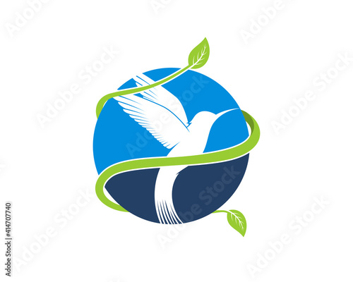 Flying bee on the green leaves logo
