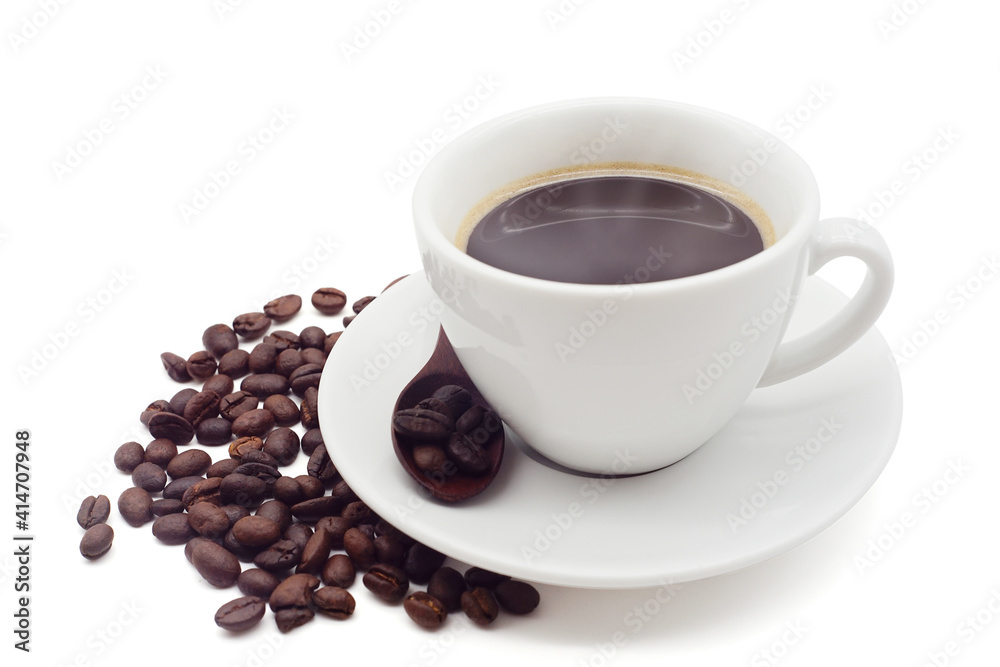 Coffee cup and beans isolated  on white background.  with copyspace for your text.