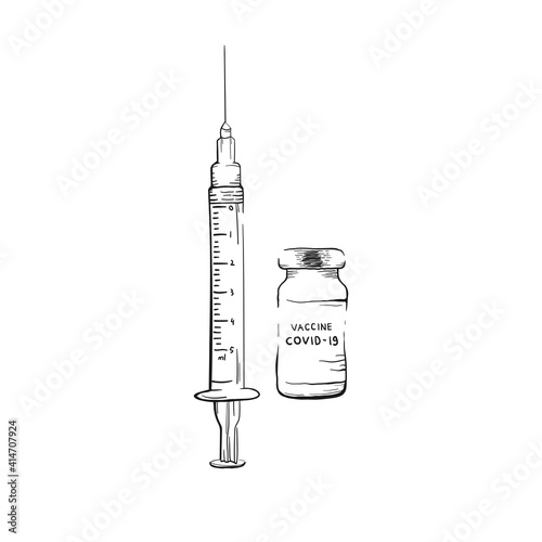 Covid-19 Coronavirus vaccine medicine bottles syringe vector drawing concept. Vaccination concept. Hand drawn vaccine bottles and syringe for injection isolated