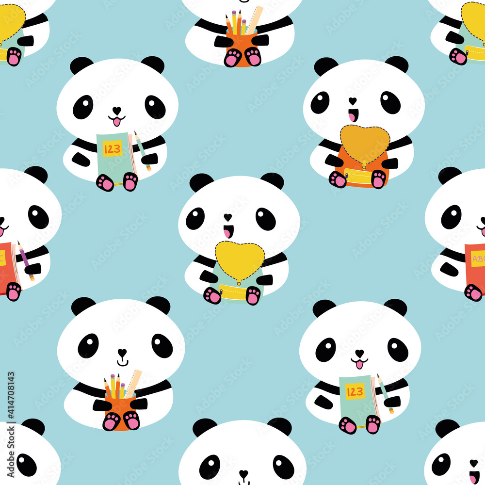 Obraz premium Cute Kawaii vector panda seamless pattern background. Sitting cartoon bears holding backpacks, notebooks, pencil holders pencils on blue backdrop. Fun character repeat for back to school concept