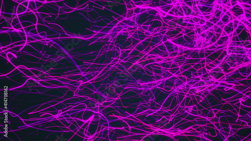 Many chaotic color neon flowing strings. Computer generated abstract background, 3d render