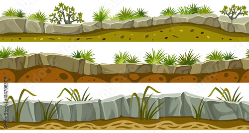 Set of seamless border old gray rock and grass. Vector stone sidewalks with soil and leaves for computer games isolated on white background.