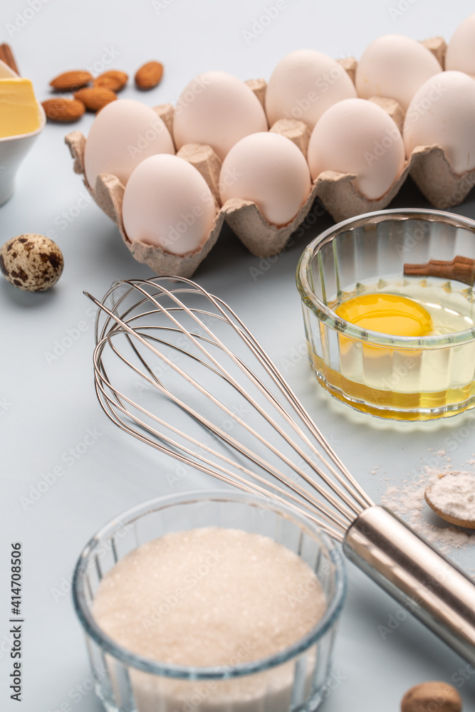 Dough preparing, flour, eggs, butter, sugar Dough preparing, flour, eggs, butter, sugar