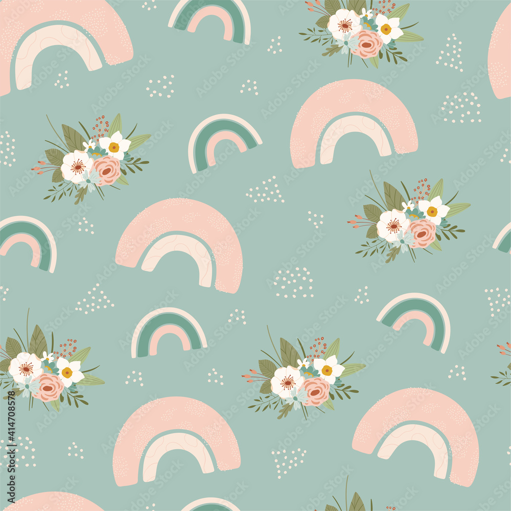 Children's seamless pattern with spring rainbow and flower in pastel  colors. Cute texture for kids room design, Wallpaper, textiles, wrapping  paper, apparel. Vector illustration Stock Vector | Adobe Stock
