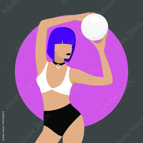 A slender woman in black shorts and a white top, with short purple hair, holds a white ball in her hands against the background of a lilac circle. Vector illustration in flat style