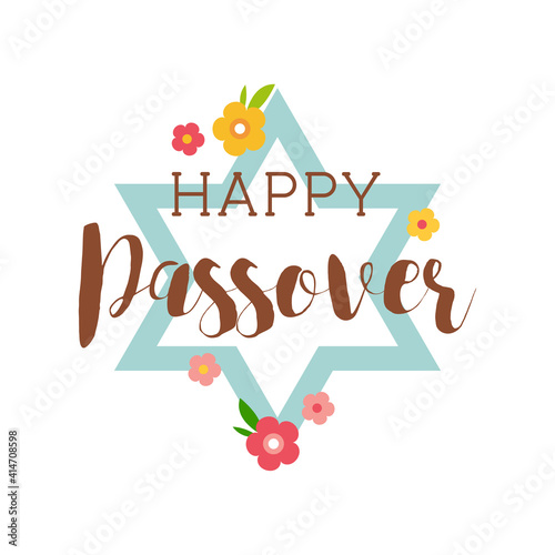 happy passover greeting card with David star and flowers. Pesah celebration concept , Jewish Passover holiday.