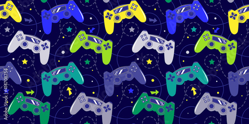 Seamless bright pattern with joysticks. Video game controller gaming cool print for boys and girls. Print for textiles, sportswear.