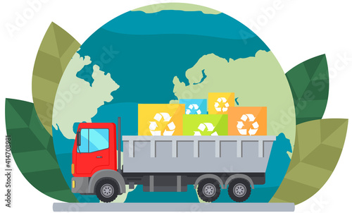 Truck transporting recycled objects. Car with garbage on background of planet. Truck with containers for recycling and waste-free disposal without harm to environment. World globe vector illustration