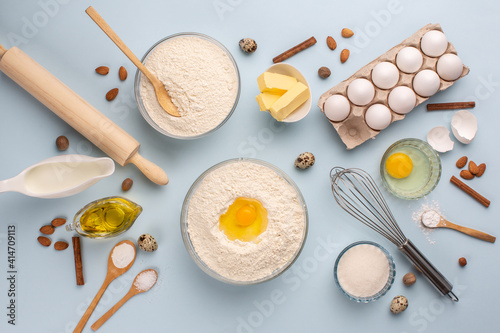Dough preparing, flour, eggs, butter, sugar