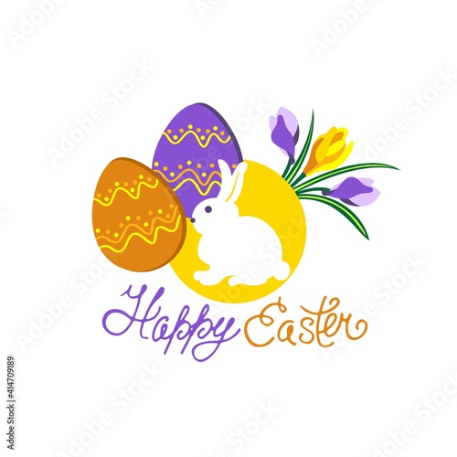 Easter illustration. Rabbit, painted eggs, a bouquet of snowdrops, crocuses. The inscription 