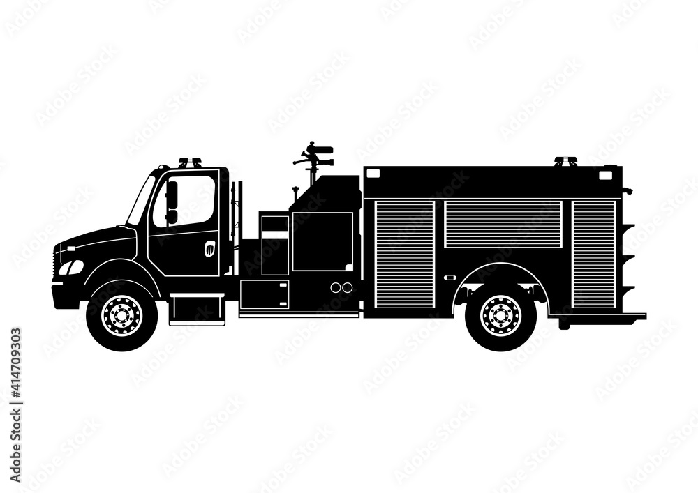Silhouette of pumper fire truck. Side view of modern fire engine. Flat vector.