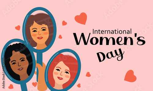 International Women s Day 8 March. Vector illustration with women of different nationalities and cultures. Fight for freedom, independence, equality. Vector illustration