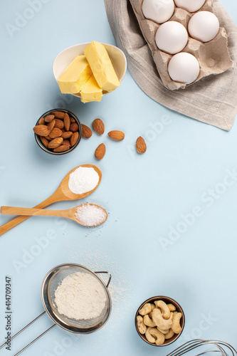 Dough preparing, flour, eggs, butter, sugar