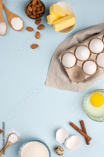 Dough preparing, flour, eggs, butter, sugar