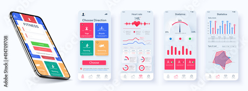 User interface design elements set minimal style – ready templates fitness. Choice of fitness program, health monitoring and current activity level. Sport planner UI,GUI, UX, KIT neomorphic template