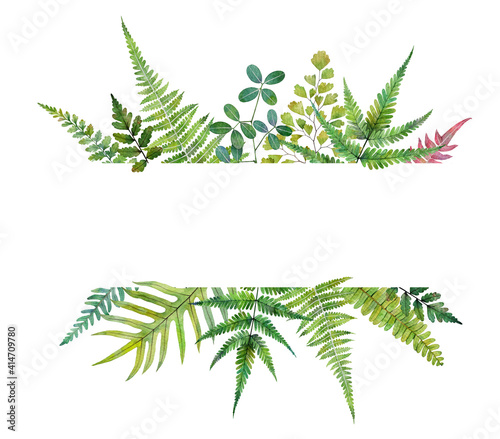 Watercolor fern green leaves frame template. Hand drawn botanical illustrations isolated on white background.