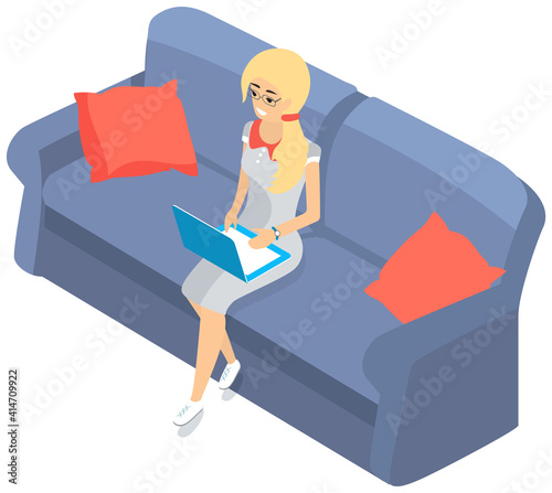 Young girl in glasses sitting with laptop on sofa serfing in internet training, education online. Undergraduate knowledge. Business seminar, distance tutorials, studying course for university students