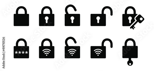 Padlock icons. closed lock, opened lock, keyhole in head, card protection. Flat vector locks signs. Close or open padlocks (wiffi, Pin code, password. Access security lock)