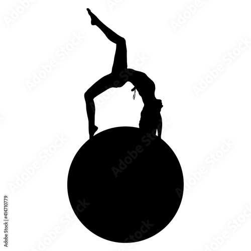 vector illustration of a black silhouette of a girl in a swimsuit standing on the bridge gymnastics, raising up her right leg, standing with her hands on a black ball on a white background