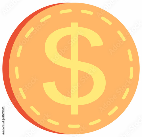 Gold coin with dollar sign isolated on white background. Means to pay for goods and purchases. Metallic money round shape, American currency flat vector illustration. Metal penny with dollar symbol