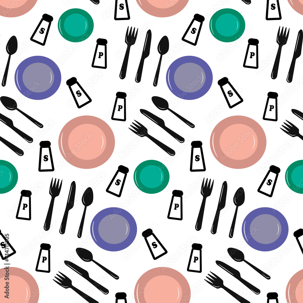 Vector illustration with kitchen items for food. Pattern with kitchen utensils - plates, cutlery, wine glass. Illustration for use in restaurant, cafe menu, scrapbooking and fabric wrapping paper. Vector illustration with kitchen items for food. Pattern with kitchen utensils - plates, cutlery, wine glass. Illustration for use in restaurant, cafe menu, scrapbooking and fabric wrapping paper.