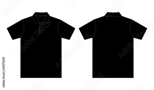 Flat Blank Black Short Sleeve Polo Shirt Vector For Template.Front And Back View.