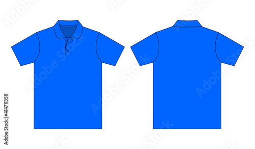 Flat Blank Blue Short Sleeve Polo Shirt Vector For Template.Front And Back View.