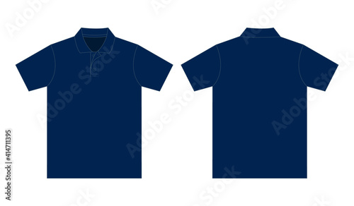 Flat Blank Navy Blue Short Sleeve Polo Shirt Vector For Template.Front And Back View.
