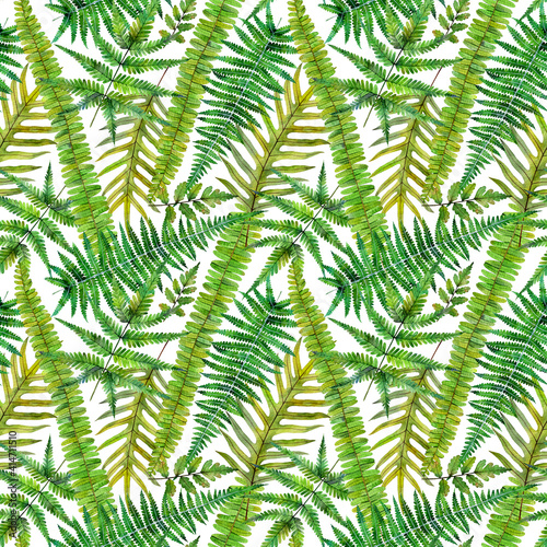 Watercolor seamless pattern witn green leaves fern. Hand drawn floral illustration on white background.