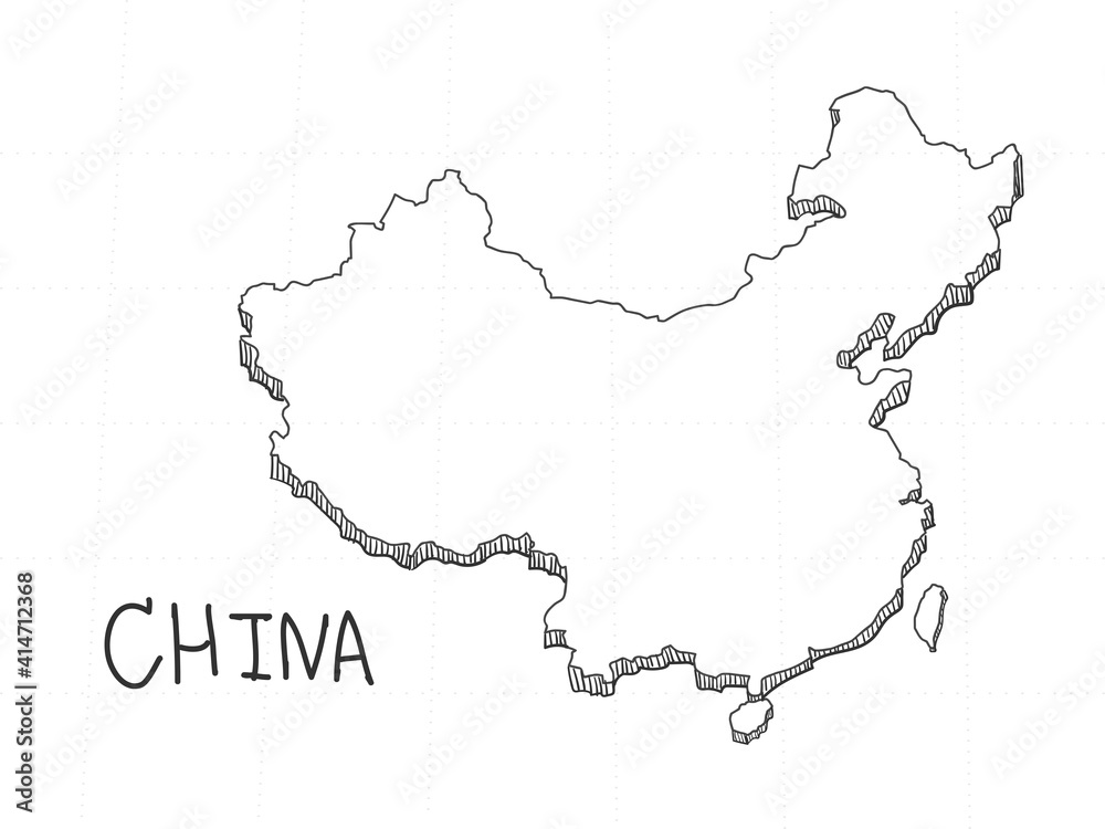 Hand Drawn of China 3D Map on White Background.