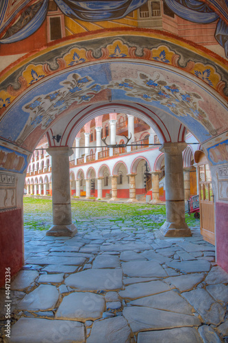 Courtyard of famous Rila monastery in Bulgaria photo