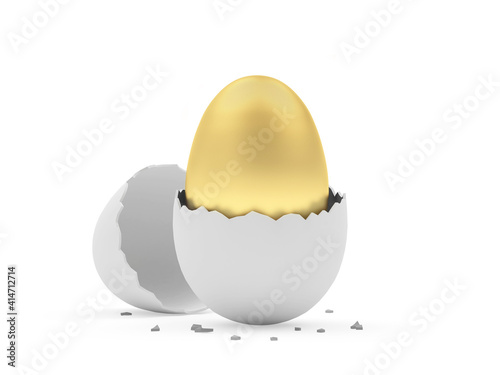 Broken eggshell with gold a whole egg inside. 3d illustration 