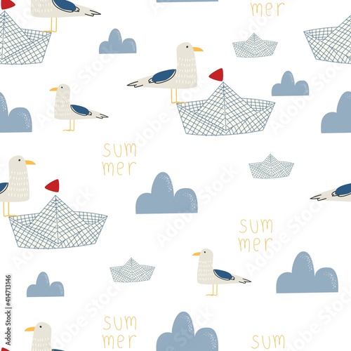 Seamless pattern of a sea gull on a paper boat on a white background. Vector illustration for printing on fabric, packaging paper, postcards, posters, banners. Cute baby background