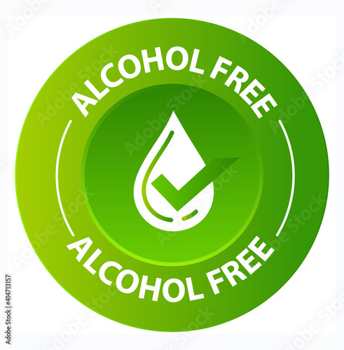 alcohol free vector icon with drop and tick mark isolated on green colored stamp. food package design elements