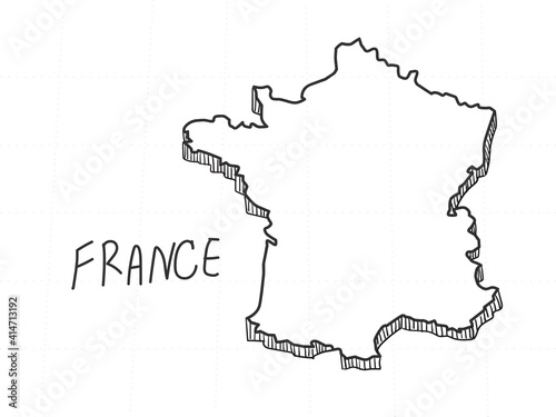 Hand Drawn of France 3D Map on White Background.