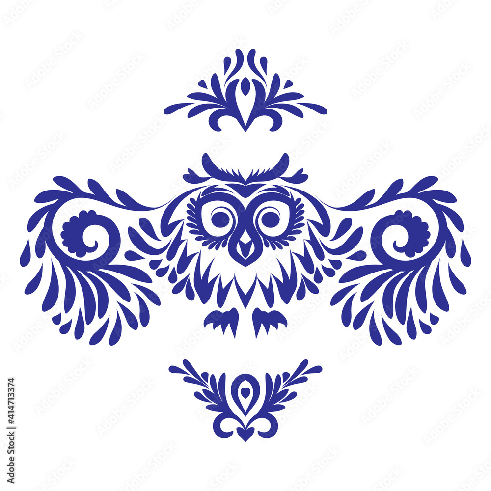 Owl with open wings. Black and white tattoo of eagle owl, front view. Vector illustration. Ornamental style for mascot or another design.